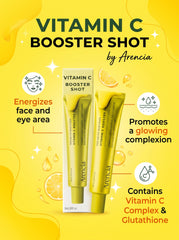Yellow packaging box for Arencia Vitamin C Booster Shot 30ml face and eye moisturizer.