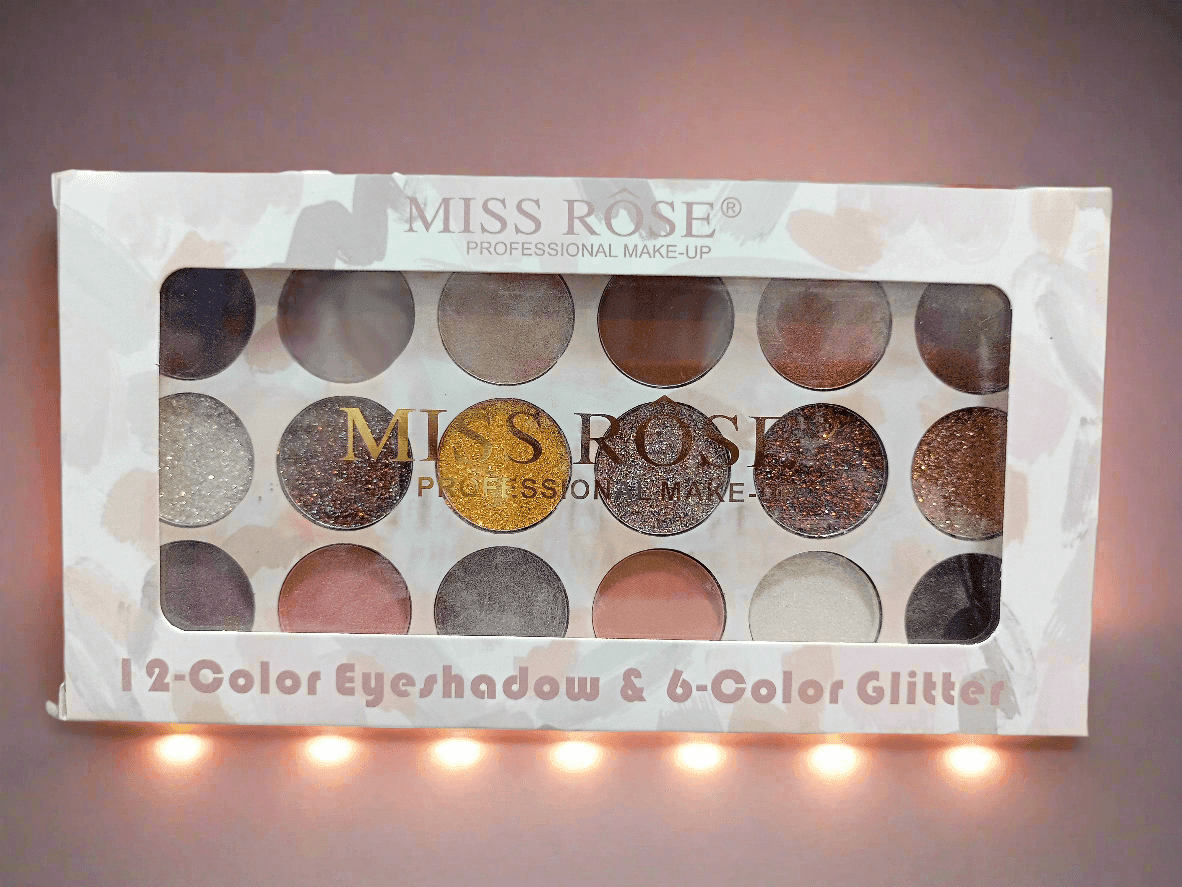 Miss Rose Eyeshadow Palette – 12 Colors + 6 Glitter Shades for Bold Looks - Elite Cosmetics