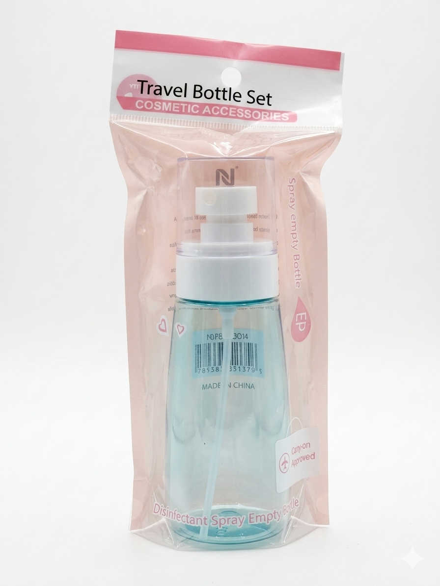 Travel bottle set with packaging on a white background