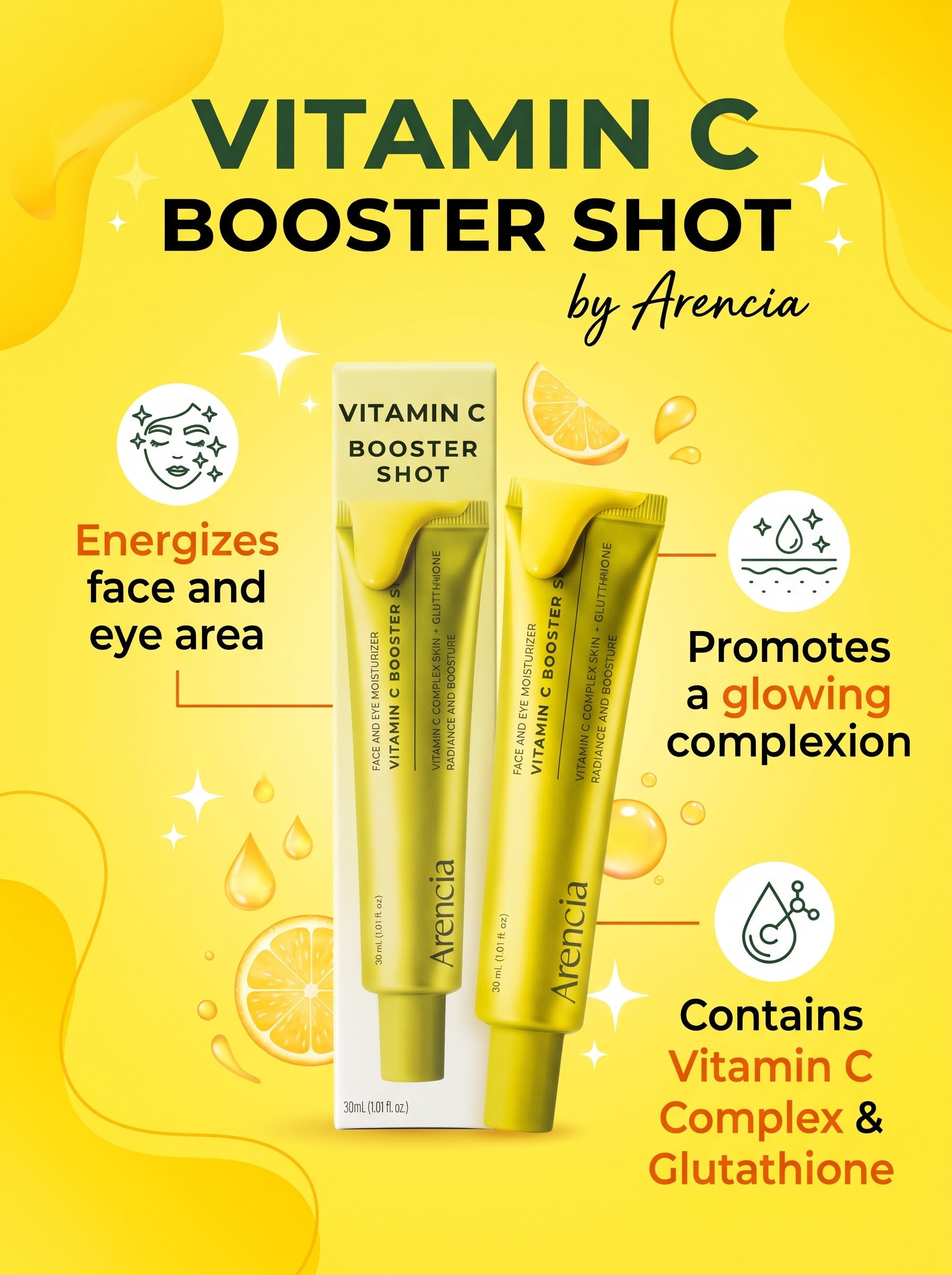 Yellow packaging box for Arencia Vitamin C Booster Shot 30ml face and eye moisturizer. 