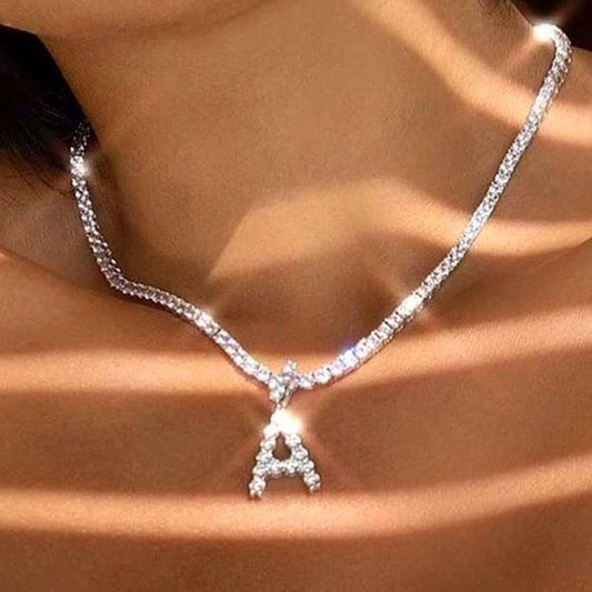 Caraquet Ice out A-Z Letter Initial Pendant Necklace Silver Color Tennis Chain Choker Necklace Female Fashion Statement Jewelry - Elite Cosmetics