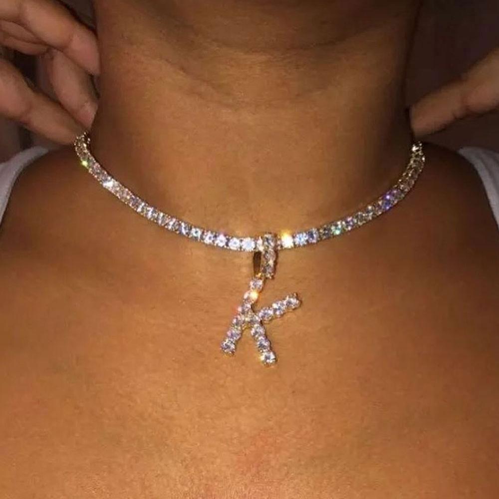 Caraquet Ice out A-Z Letter Initial Pendant Necklace Silver Color Tennis Chain Choker Necklace Female Fashion Statement Jewelry - Elite Cosmetics