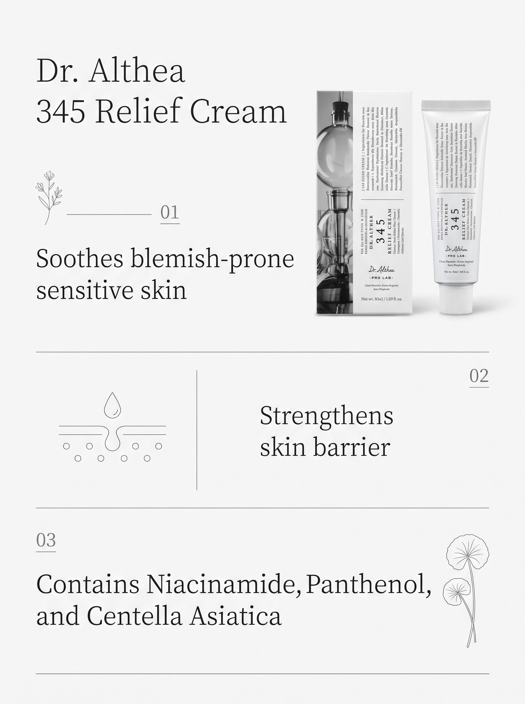 White 50ml tube and packaging box for Dr. Althea 345 Relief Cream. 