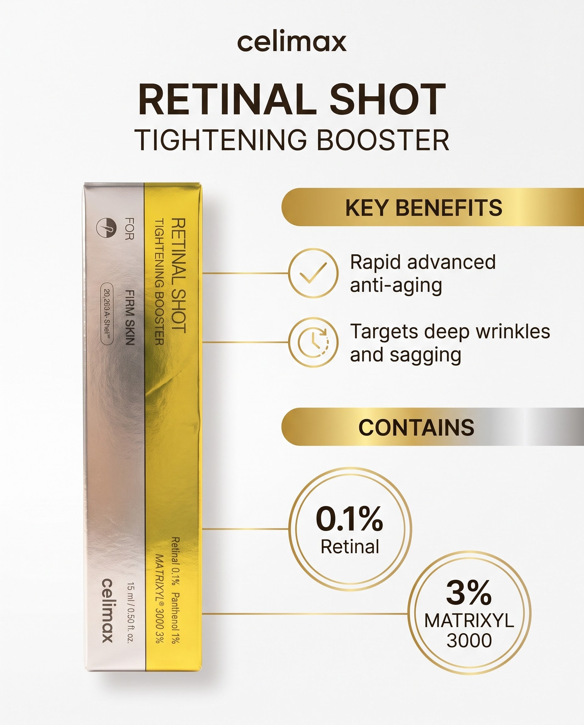Silver and gold packaging box for celimax Retinal Shot Tightening Booster 15ml. 