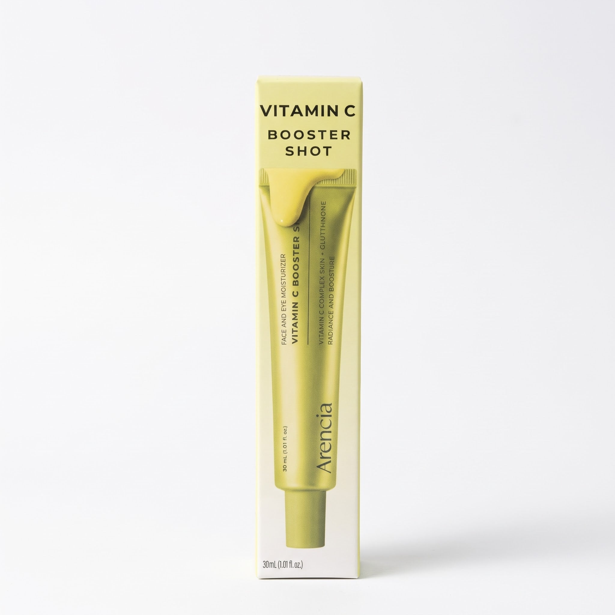 Yellow packaging box for Arencia Vitamin C Booster Shot 30ml face and eye moisturizer. 