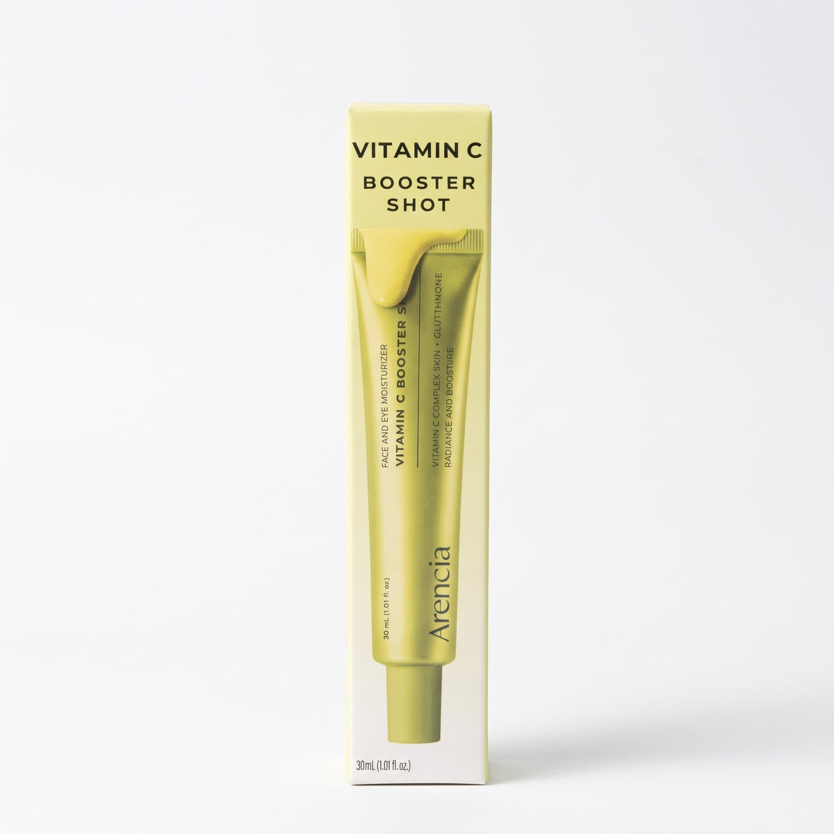 Yellow packaging box for Arencia Vitamin C Booster Shot 30ml face and eye moisturizer. 
