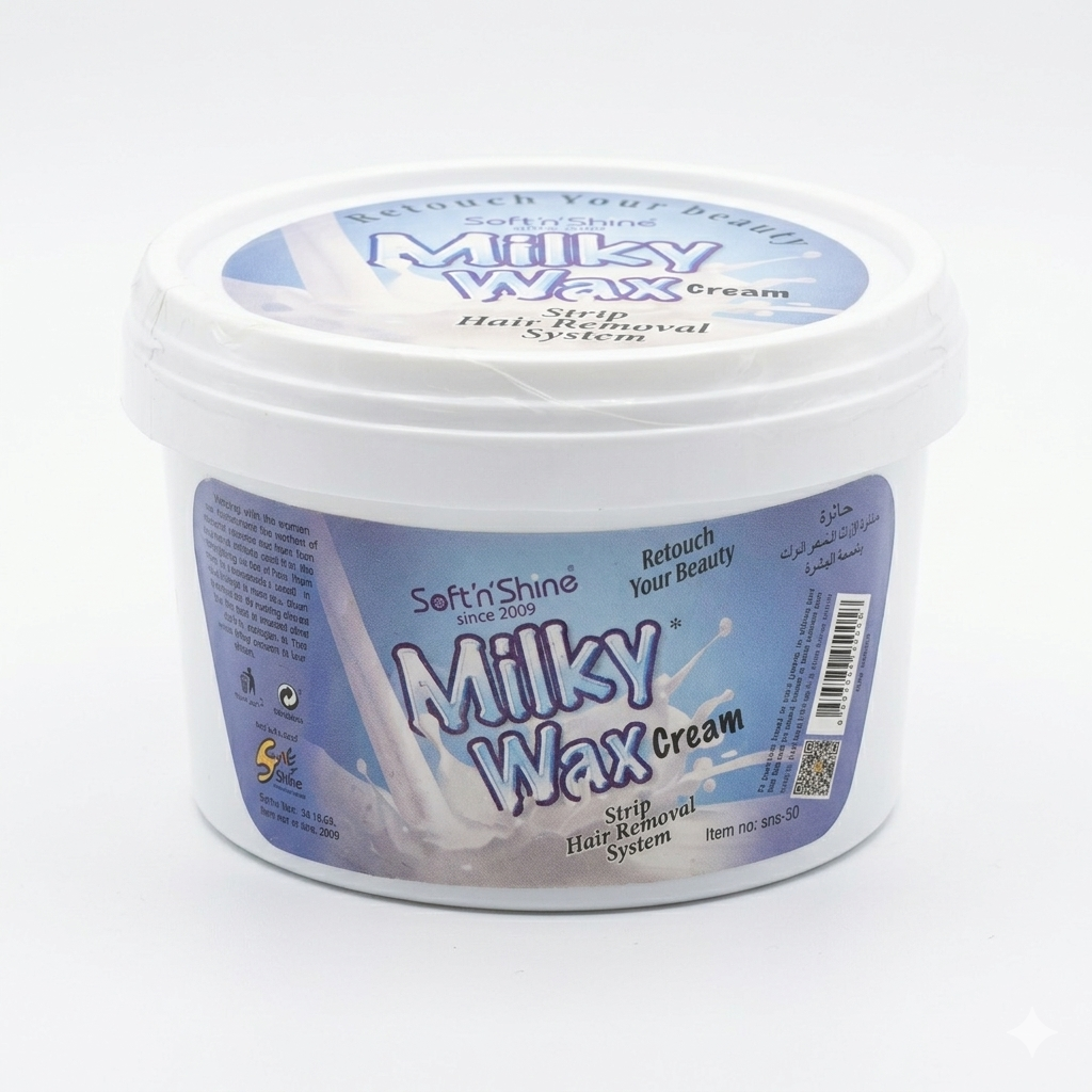 Container of Milky Wax Cream with a blue label on a white background