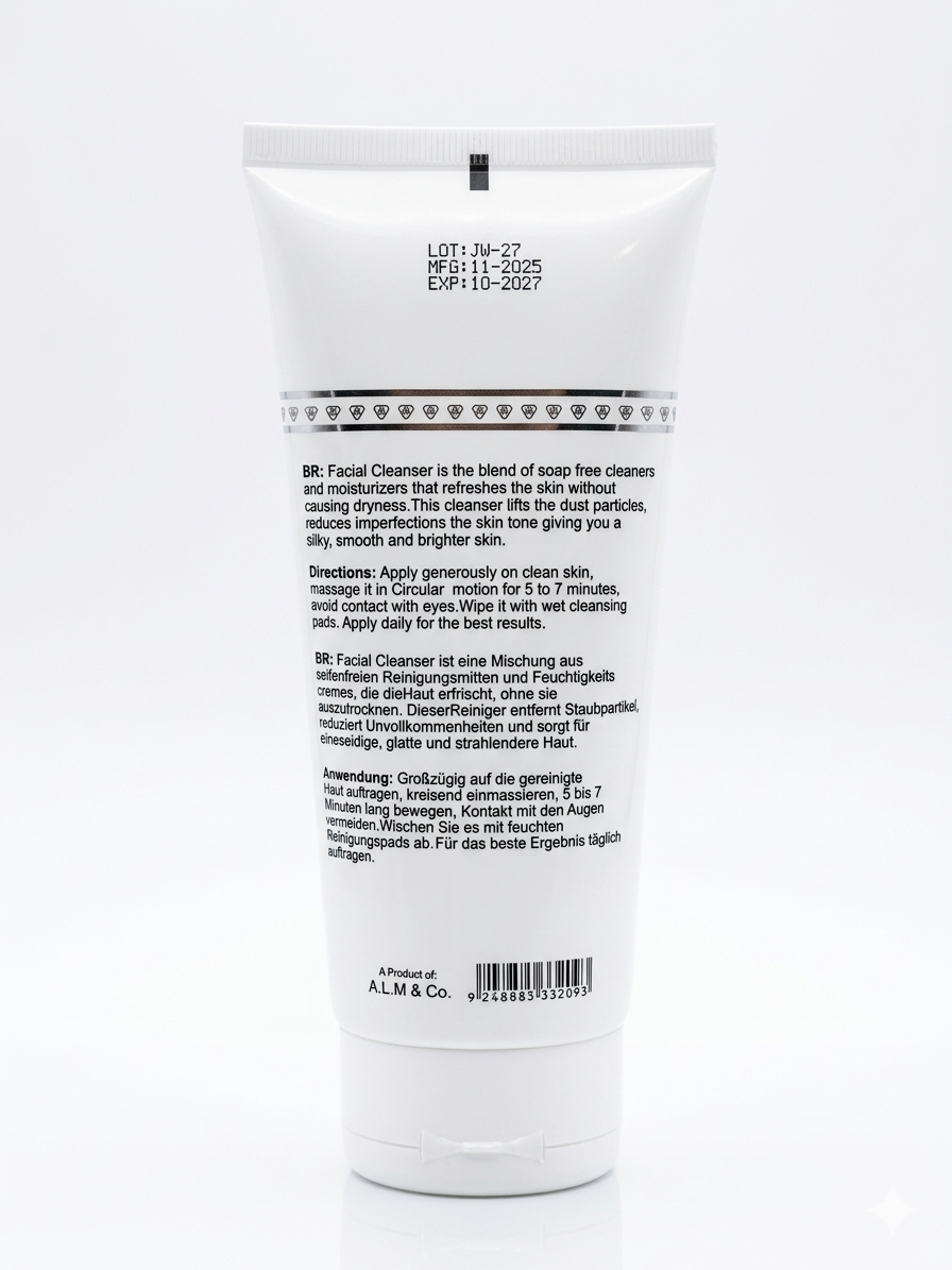 White facial cleanser tube with black text on a white background