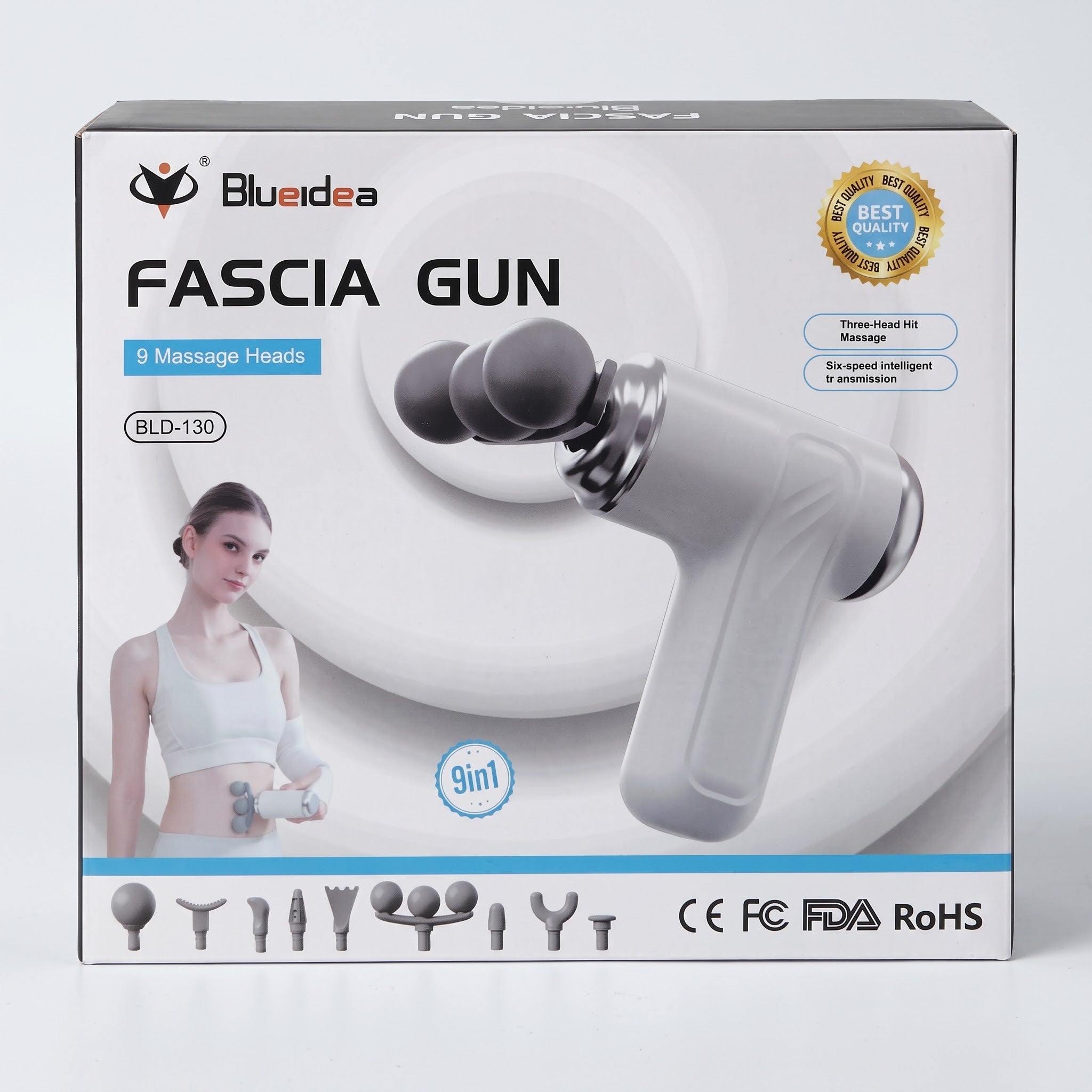 Blueidea 9-in-1 Fascia Gun BLD-130 packaging box displaying the device, 9 massage head silhouettes, and product
