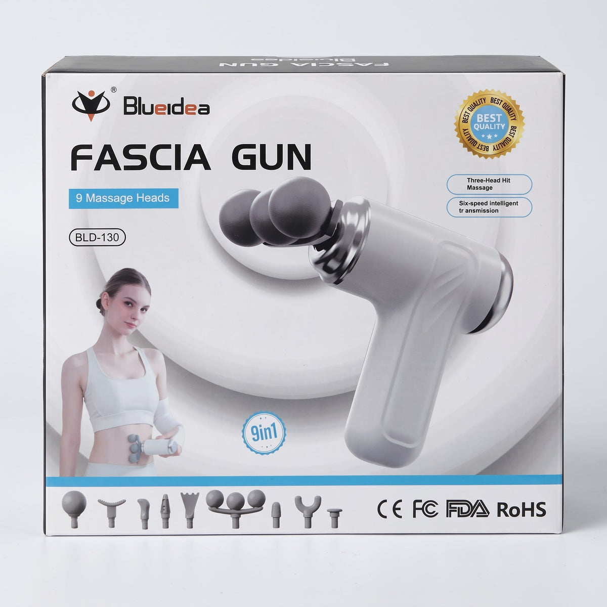 Blueidea 9-in-1 Fascia Gun BLD-130 packaging box displaying the device, 9 massage head silhouettes, and product

