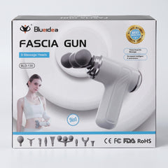 Blueidea 9-in-1 Fascia Gun BLD-130 packaging box displaying the device, 9 massage head silhouettes, and product
