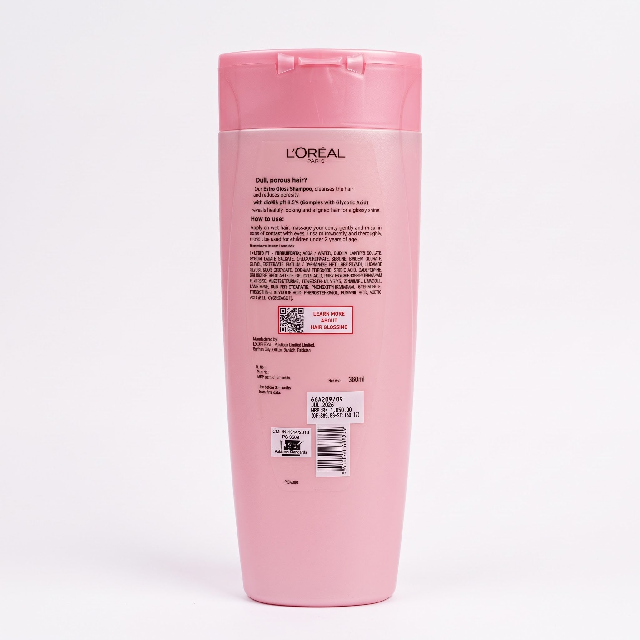 L'Oréal Paris Elvive Glycolic Gloss Shampoo 360ml back label showing ingredients, instructions, and barcode details
