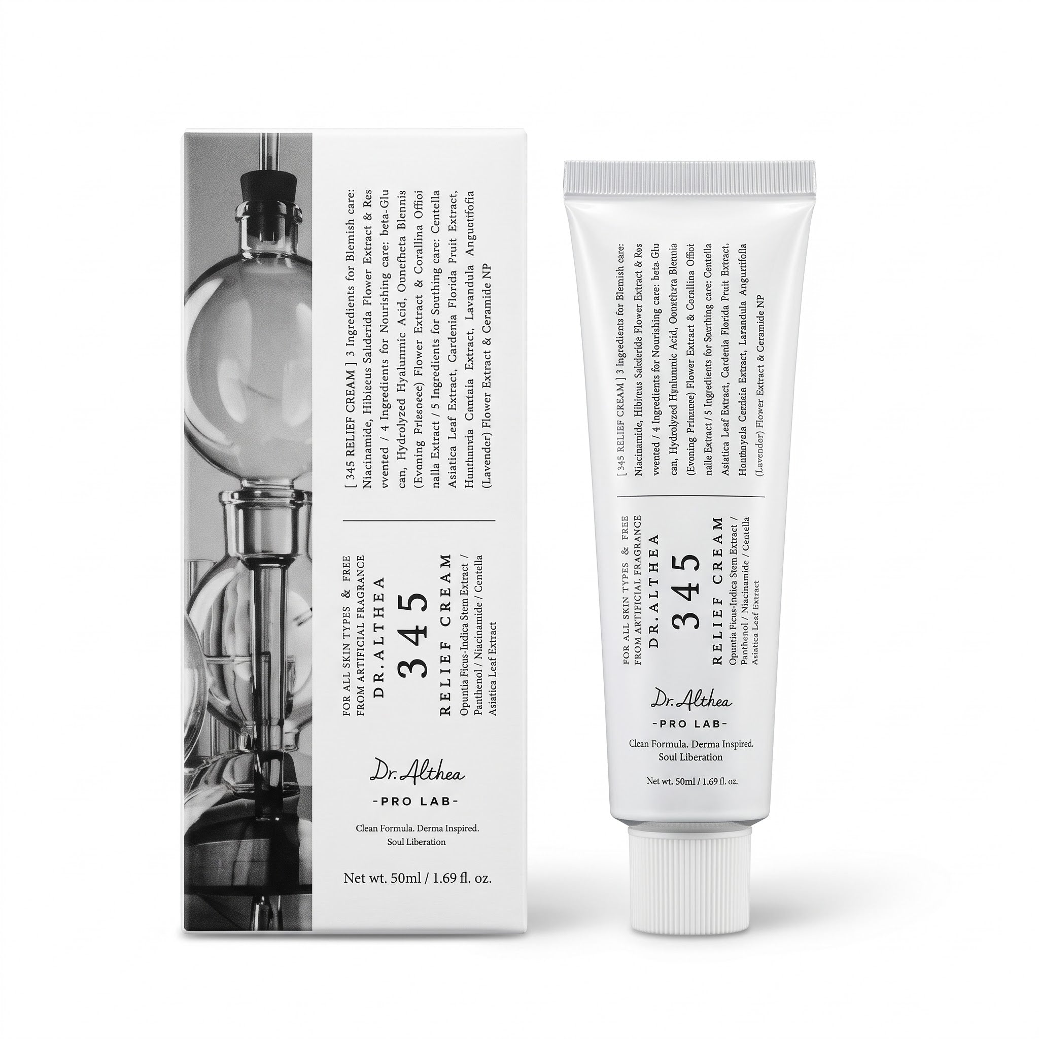 White 50ml tube and packaging box for Dr. Althea 345 Relief Cream. 