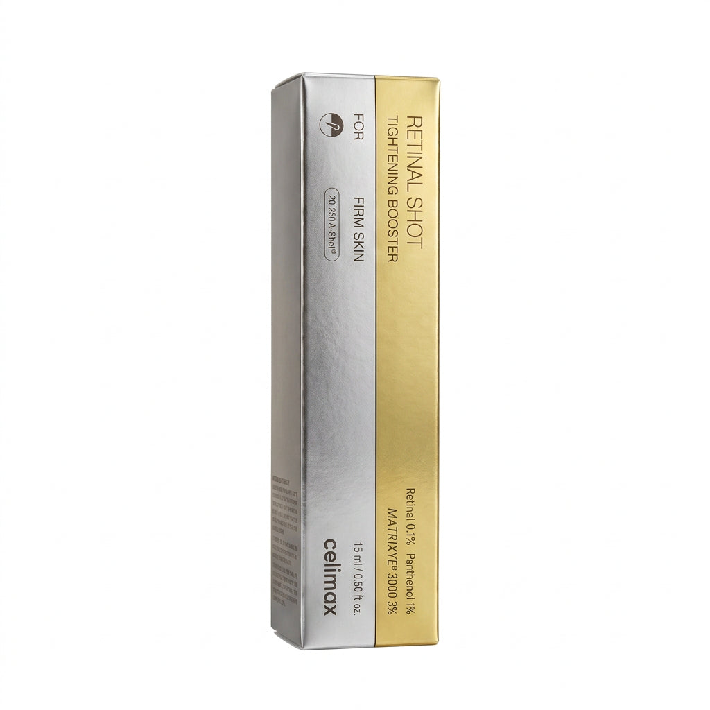 Silver and gold packaging box for celimax Retinal Shot Tightening Booster 15ml. 
