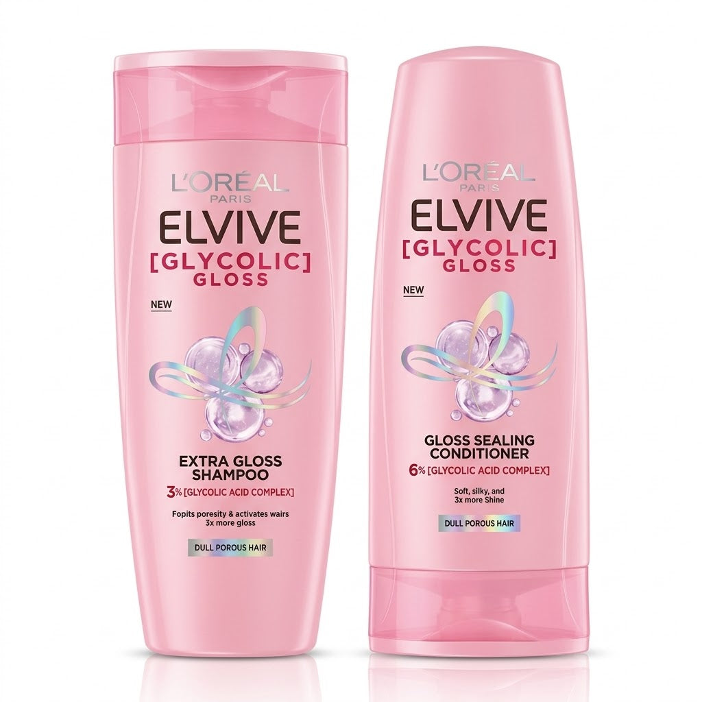 L'Oréal Elvive Glycolic Gloss Hair Care Duo – 3% Glycolic Acid Shampoo & 6% Sealing Conditioner