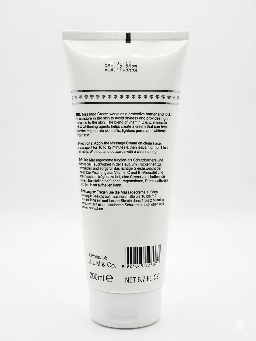 White tube of massage cream with text and branding on a white background