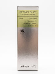 Silver and green packaging box for celimax Retinol Shot Tightening Serum 30ml. 