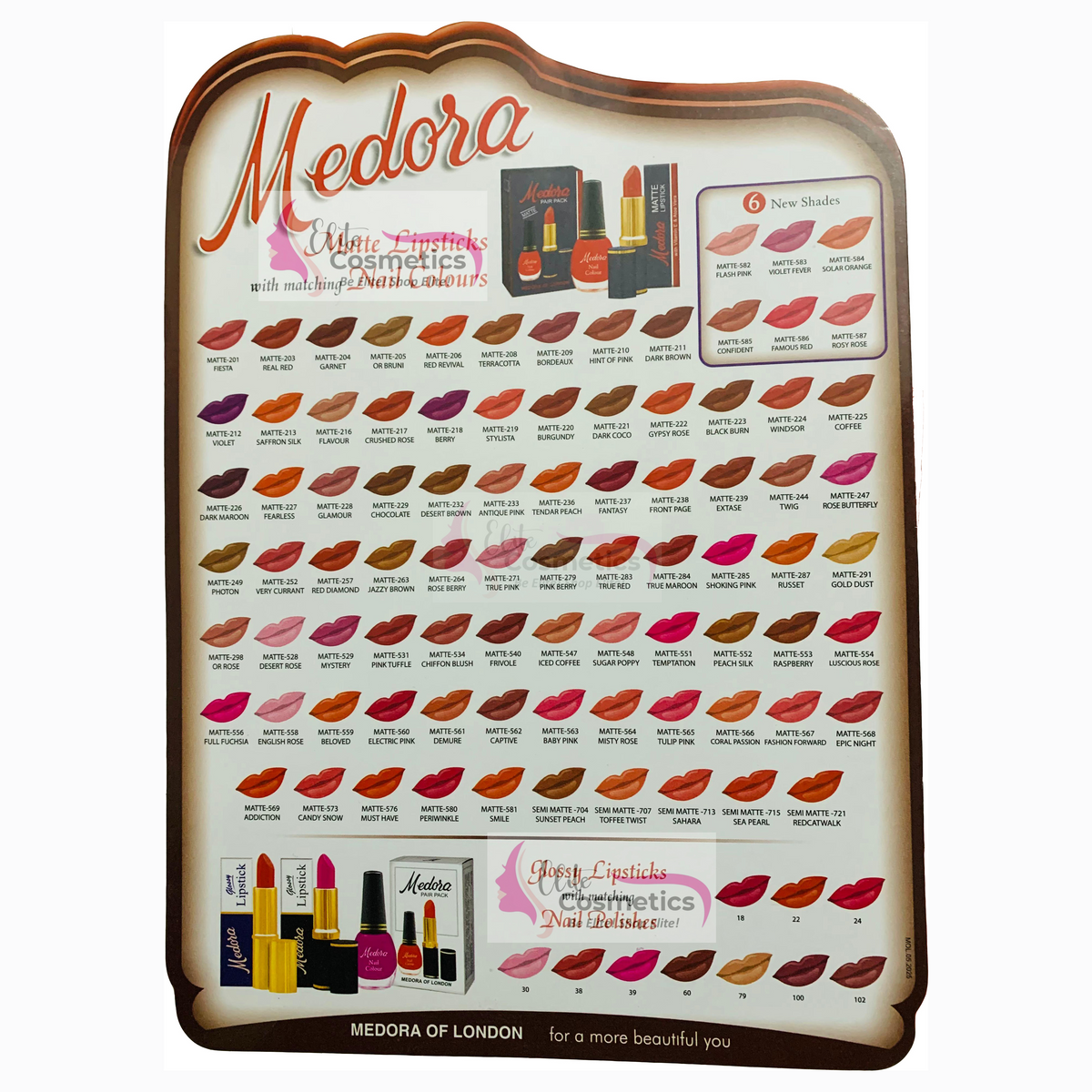 Medora lipstick color chart with various lip swatches elite cosmetics